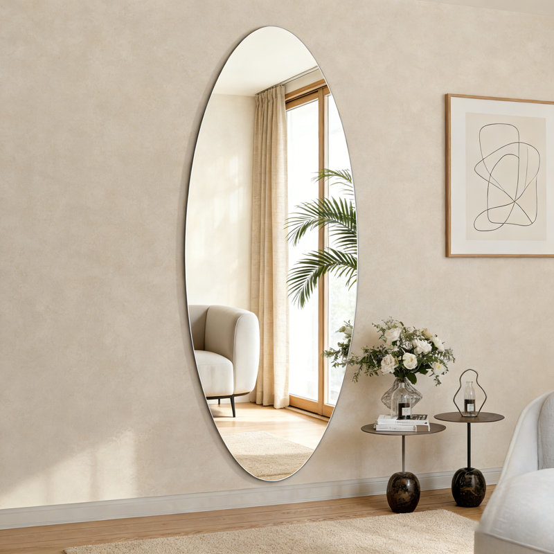 63" x 21" Modern Oval Full Length Wall Mirror, HD Copper-Free Silver Glass, Shatterproof & Moisture-Resistant, Vertical Hanging or Adhesive Mount, Bedroom & Salon
