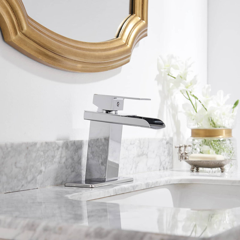 Chrome Waterfall Single-Hole Bathroom Faucet with Drain Assembly