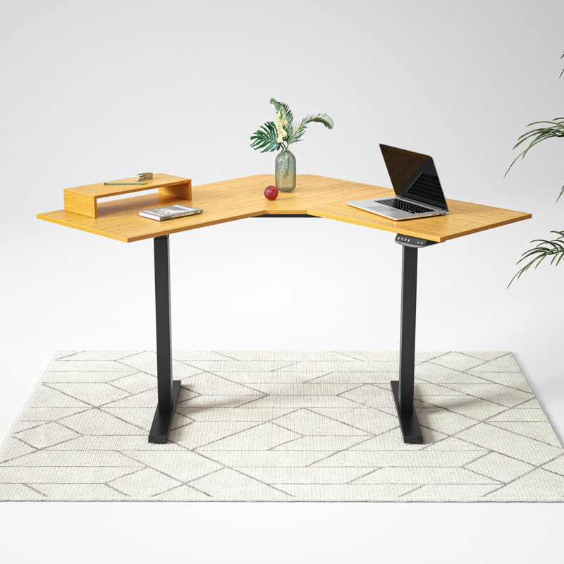Bureau en L à hauteur ajustable Suzette, Bambou / noir