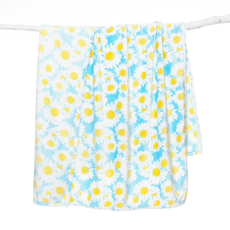 Light Blue Daisy Floral Sherpa Reversible Throw Blanket