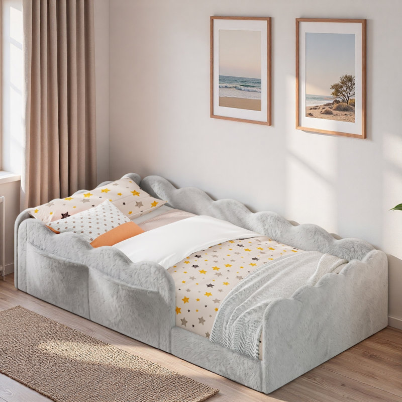 Lit rembourré pour enfants avec garde-corps en forme de vague et poches de rangement latérales, Lit simple, Gris clair