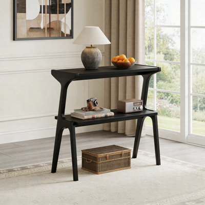 Table de bout en bois massif avec tablette de rangement et table de chevet étroite à 2 niveaux