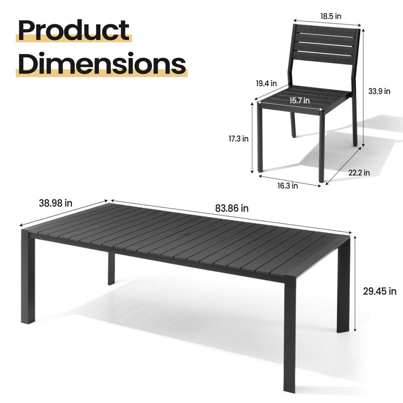 Ensemble de salle à manger rectangulaire en aluminium pour 6 personnes avec chaises empilables, Noir