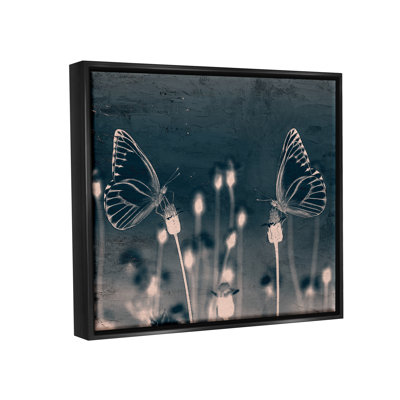 Au-959-Framed " Abstract Gray Butterflies Meadow " by Kim Allen