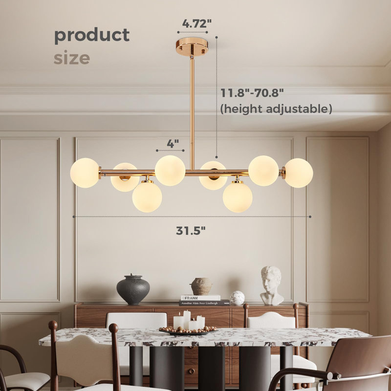 Linear Lights Chandelier, Modern Sputnik Ceiling Fixture with Adjustable Height & Dimmable Glass Shades for Dining Room, Office, Mid-Century Design