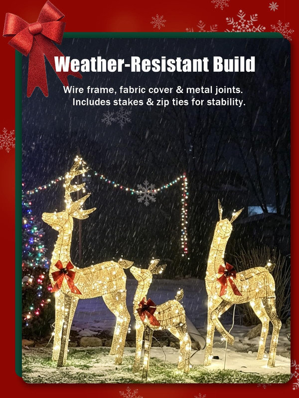 Décoration de jardin extérieure lumineuse de 90 cm représentant une famille de cerfs, étanche IP44, avec DEL dorées.