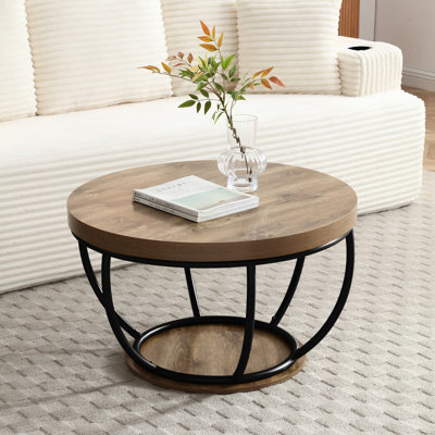 31" Round Industrial Coffee Table With 2-Tier Storage Shelves, Modern Wood & Black Metal Accent Center Table For Living Room, Home Office – Easy Assembly