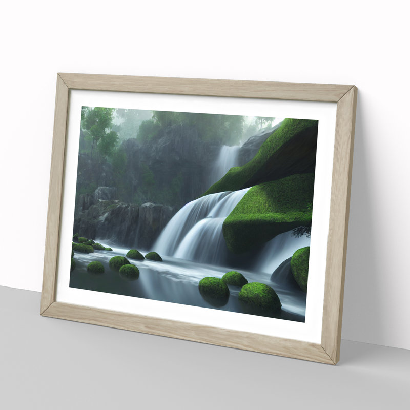Reflective Waterfall - Single Picture Frame Print, 25cm H x 34cm W x 2cm D, Oak Framed