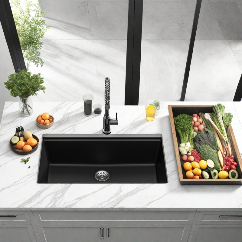 Évier de comptoir encastré en quartz noir 30 x 19 po - surface non poreuse, résistant aux taches et aux odeurs