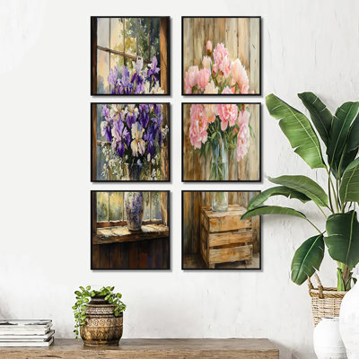 «Farmyard Peony Bouquet In Vase», ensemble d'art mural floral de 6
