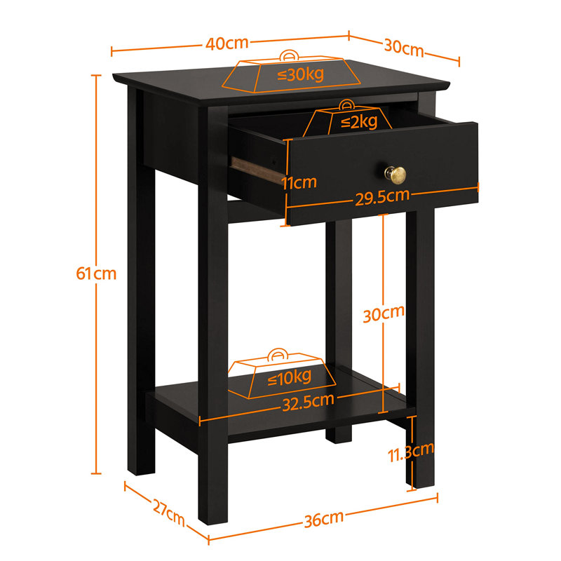 40cm W Solid Wood Bedside Table, Black