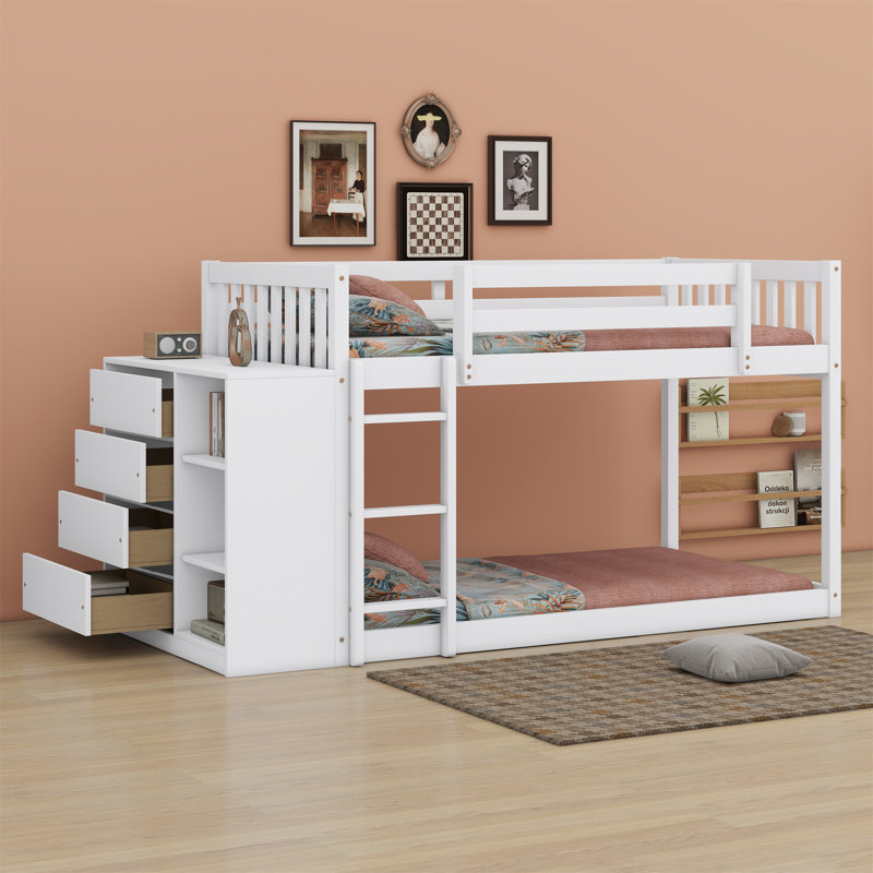 Lit superposé avec 4 tiroirs et 3 tablettes, Blanc, Simple sur simple