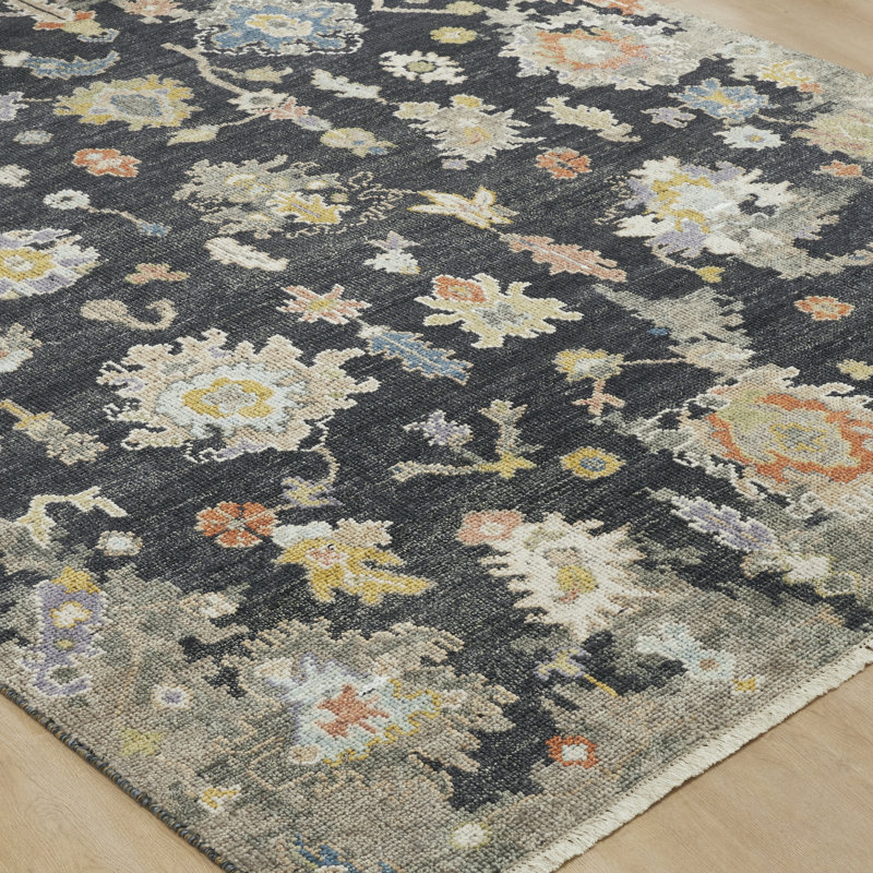 Amaris Midnight Bloom Hand-Knotted Wool Area Rug, Rectangle 9' x 12'
