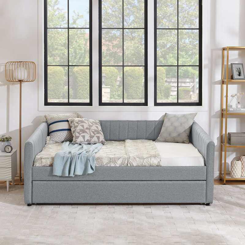 Daybed with trundle - upholstered sofa bed, vertical stripes, linen fabric, Gray, Full