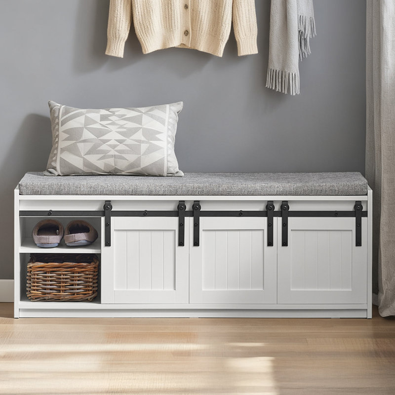 Storage Bench Shoe Bench White Wooden with Sliding Barn Doors,Upholstered Entryway Bench with Storage,for Hallway Entrance,47.24"W x 13.78"D x 17.72"H