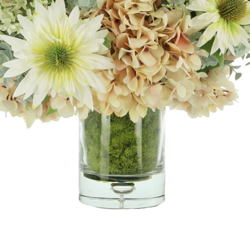 Hydrangea, Daysis,Lilac And Pampas Arrangement In A Glass Vase With Moss