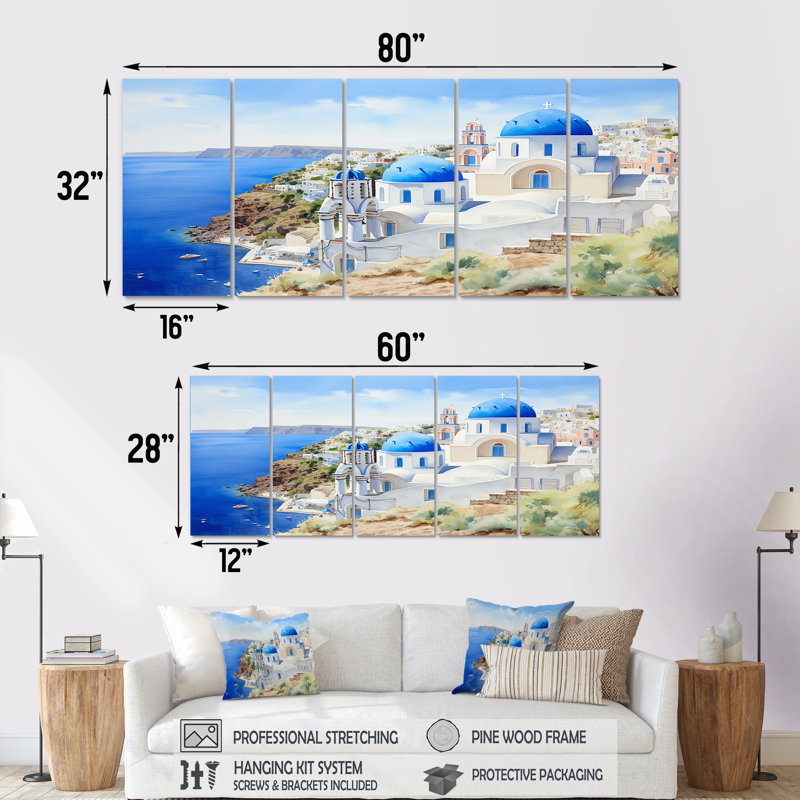 "Blue and White Greek Isles Village III" - Grèce, ensemble de 5 pièces, H 28 po x l 60 po