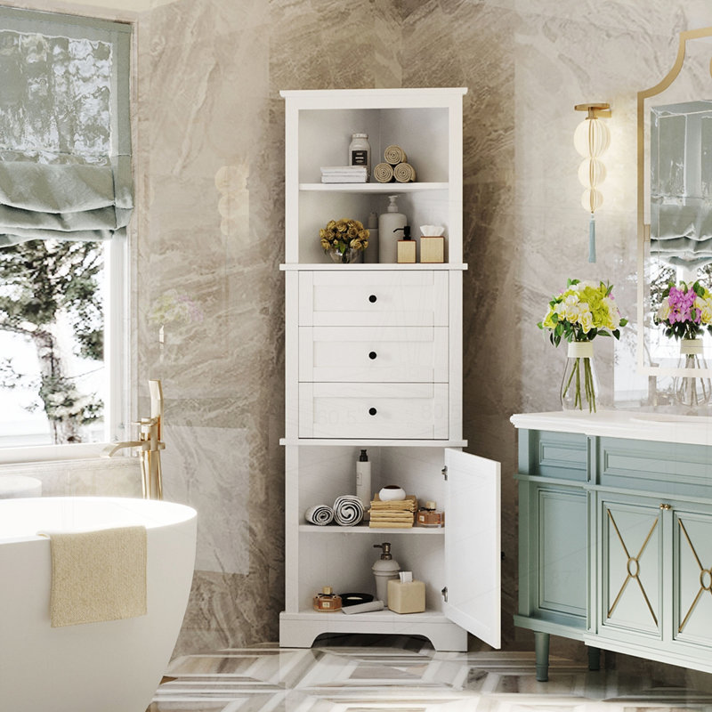Armoire haute triangulaire avec 3 tiroirs et tablettes réglables