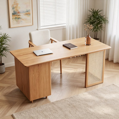 Bureau moderne en bois massif et rotin naturel
