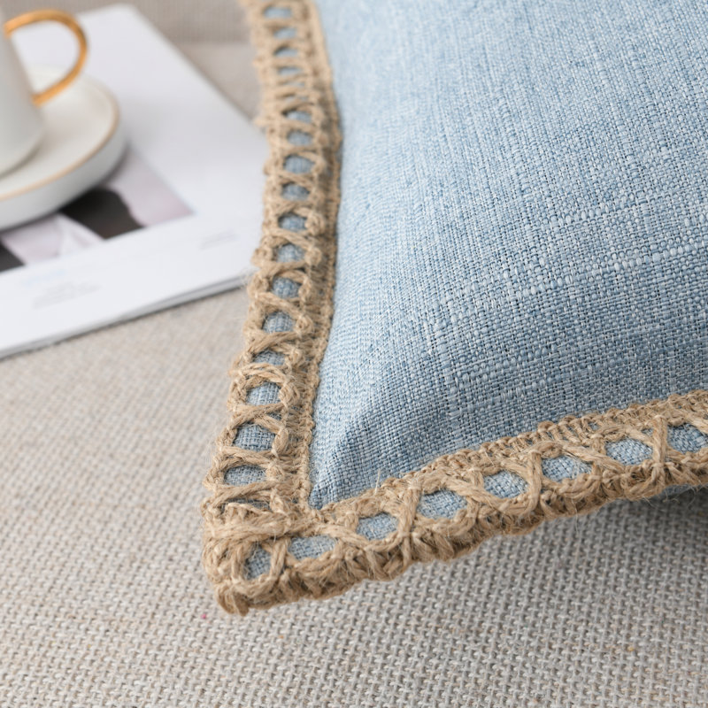 Farmhouse Trimmed Burlap Linen Polyester Pillow Cover, Light Blue, 18"H x 18"W, Square