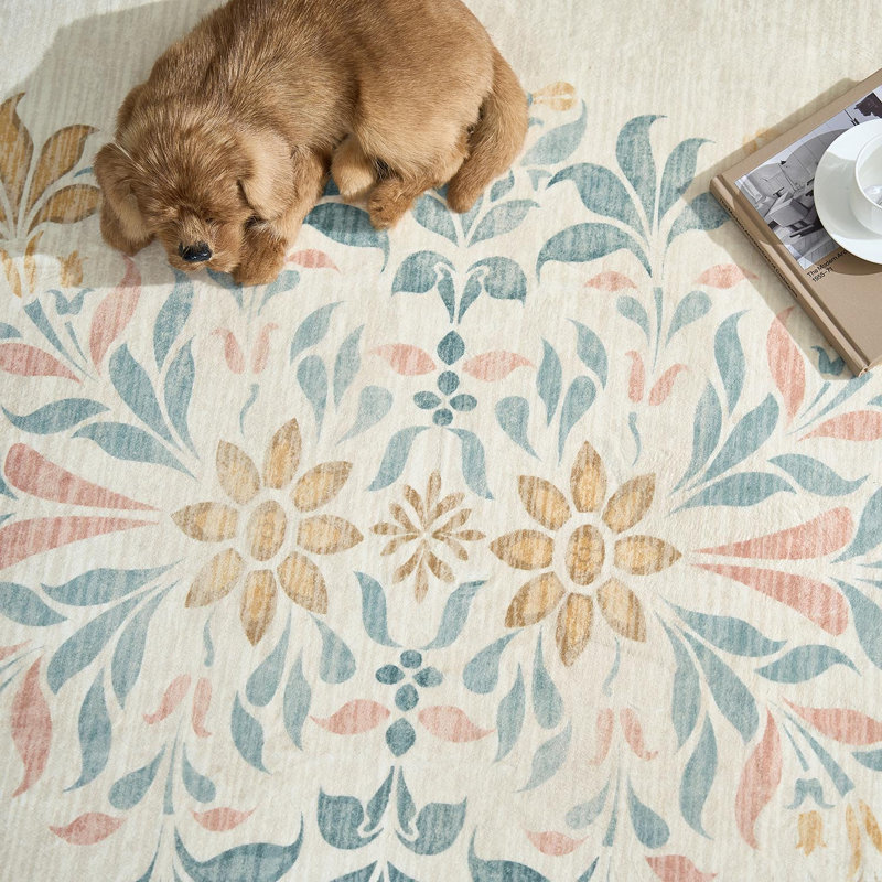 Vintage Floral Distressed Design Non-Slip Low-Pile Soft Thin Faux Wool Area Rug, Rectangle 8' x 10'