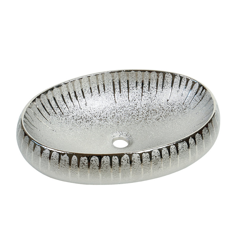 23" x 15" Luxury Silver Vessel Bathroom Sink – Elegant Countertop Vanity Basin, Modern Oval Ceramic Bowl, Silver