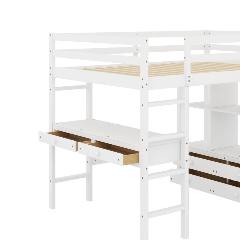 Lit mezzanine double avec bureau intégré avec 2 tiroirs, tablettes et tiroirs, Blanc