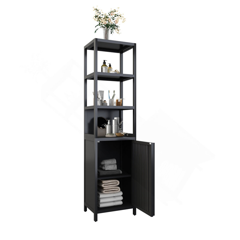 BLACK  Storage Tall Slim Cabinet With Shutter Door And 3 Tier Shelves, Freestanding Linen Tower Cabinet For Living Room, Kitchen, Bathroom Organizer, Natural Bamboo