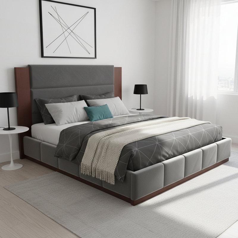 Très grande base de lit tapissier avec tête de lit en bois, Gris, Très grand lit