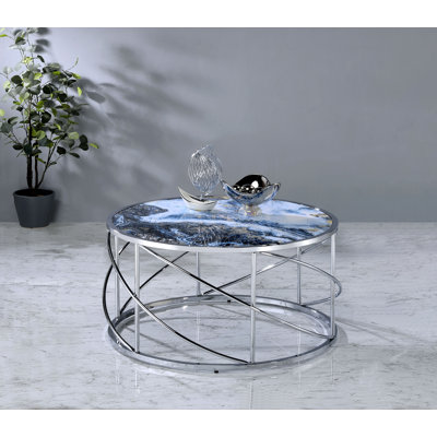 Table basse, impression de marbre bleu et finition chromée