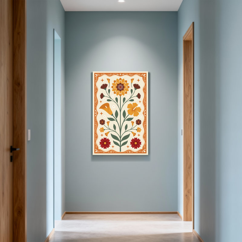 Motif floral de plantes et de fleurs avec des couleurs vives et une bordure ornée, H 36 po x l 24 po
