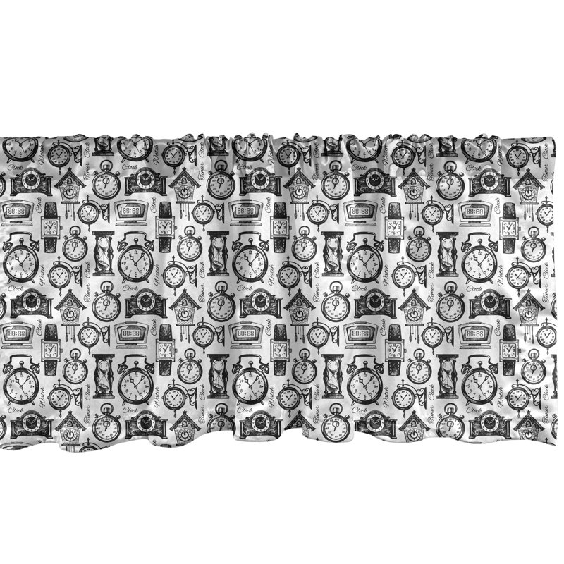 Ambesonne Vintage Valance Pack of 2 Hand Drawn Clocks - Black and White, 54" W x 12" L