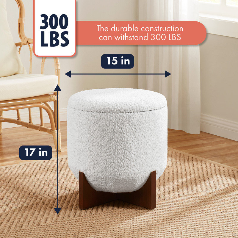 Round Boucle Storage Ottoman, White