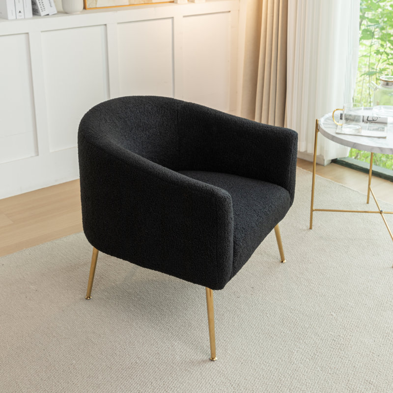 Fauteuil demi-tonneau Jameila, Similifourrure noire, Doré, 1