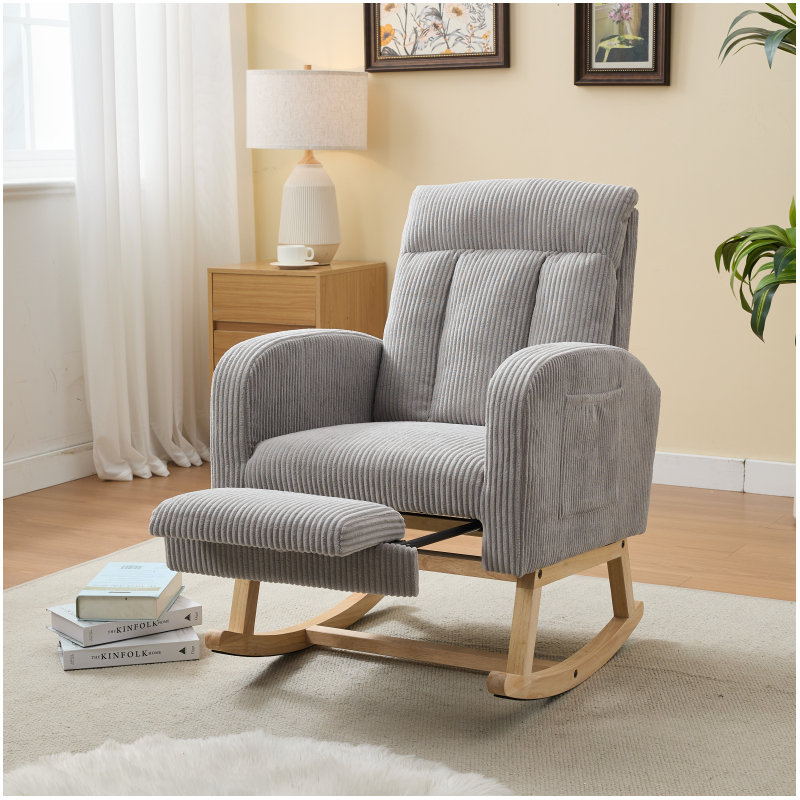 Chaise berçante moderne avec rembourrage confortable et poche latérale, Gris