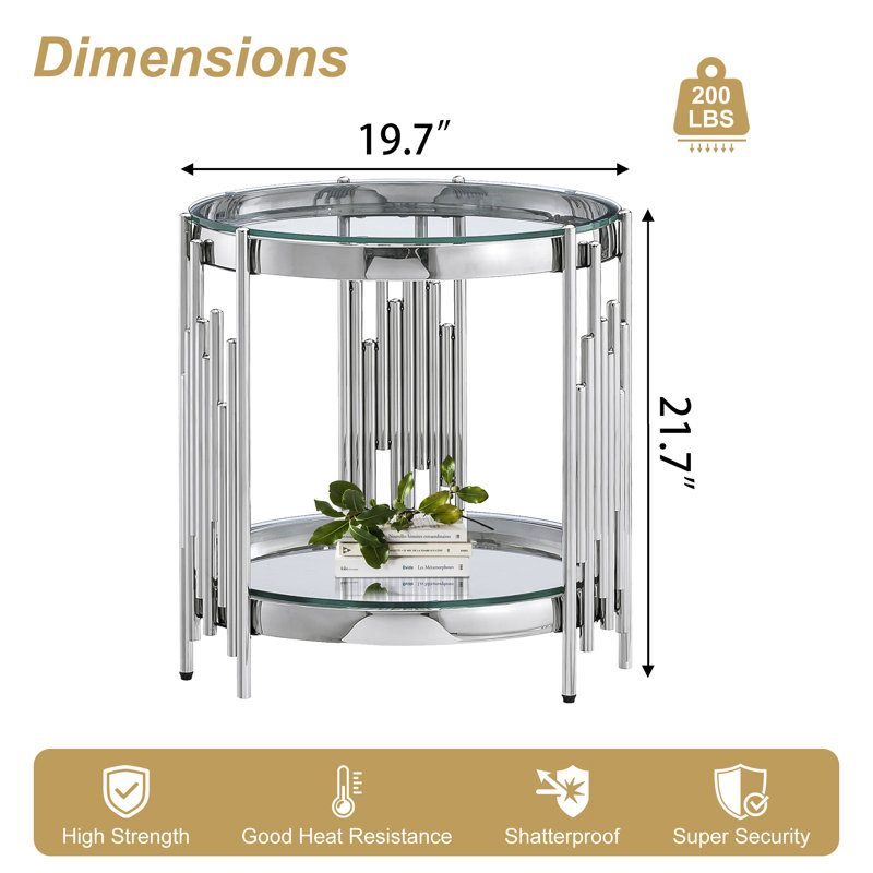 19.69" Round End Table, Two-Tier Tempered Glass And Irregular Cylindrical Stainless Steel Frame, Clear, Silver