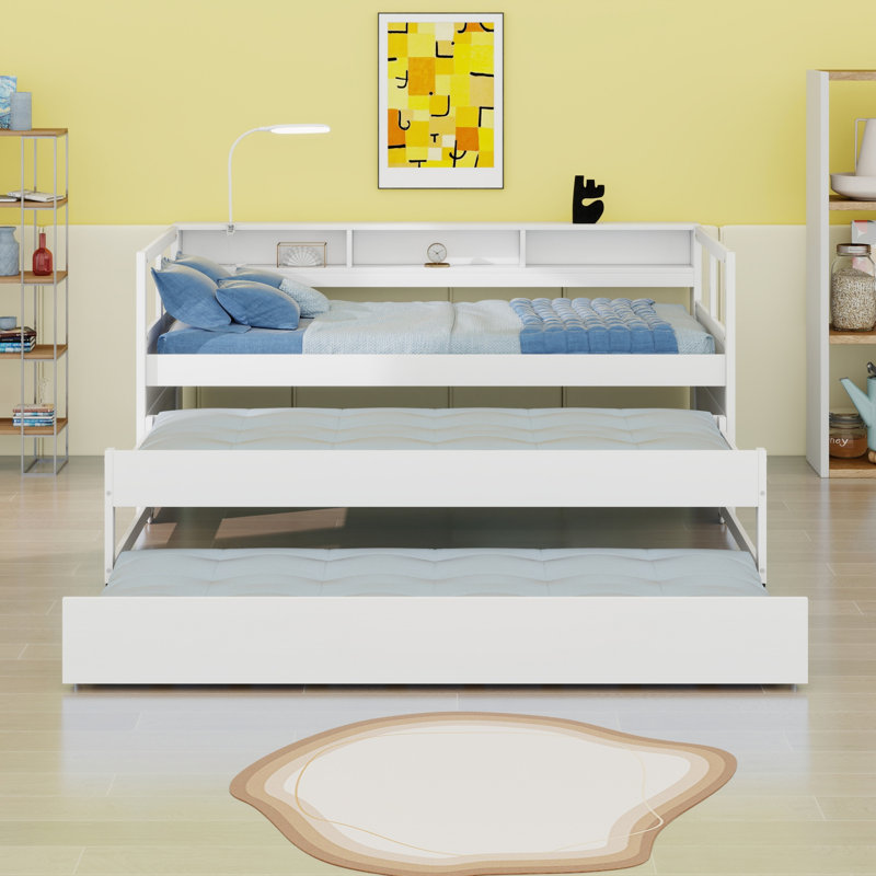 Wood Daybed With 2 Trundles, Storage Shelves, 1 Light For Free And USB Charging Design, White