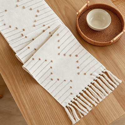 Table Runner, Woven Macrame Tablecloth Strip For Modern Farmhouse Decor, Natural Cotton Textured Fabric With Hand-Fringed Edges, Rustic Home Accent