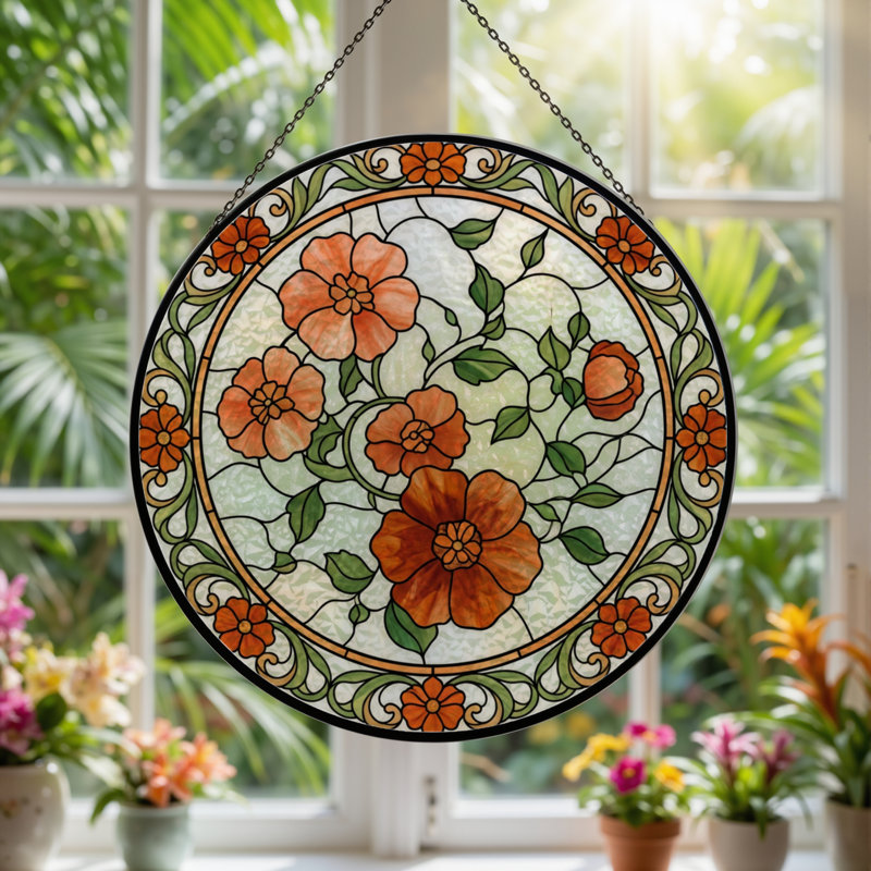 Panneau de vitrail à motif floral, H 12 po x l 12 po