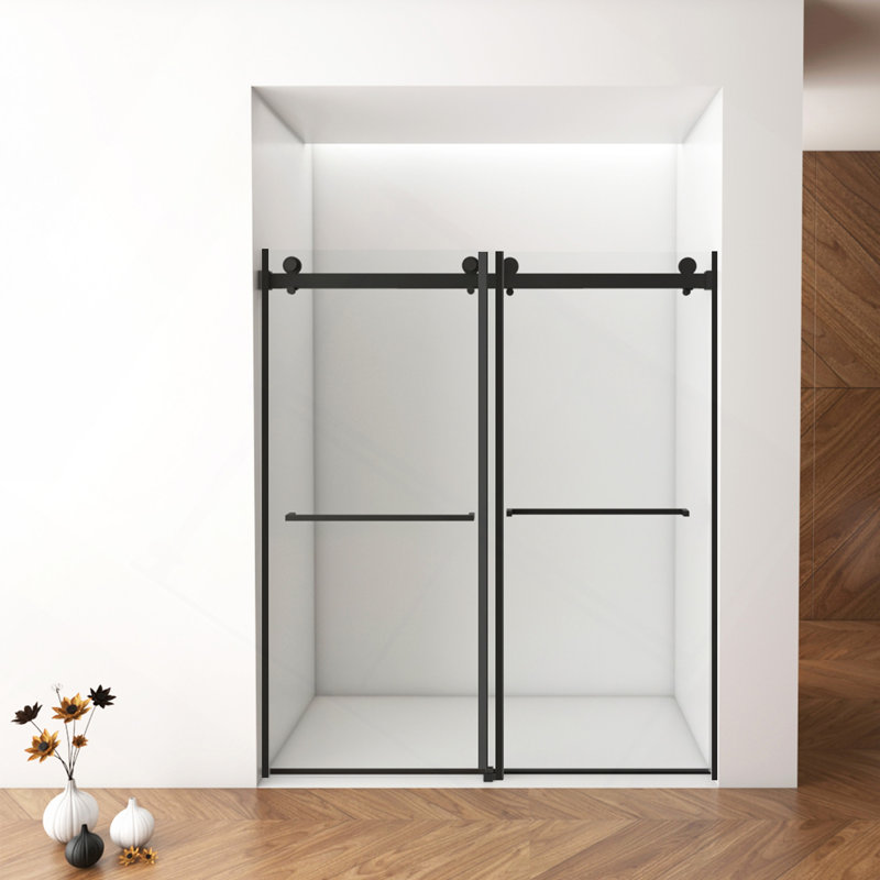56"-60"W X 76"H Frameless Shower Door, Double Sliding Shower Door, 3/8" (10Mm) Clear Tempered Glass Shower Enclosure With Square Rail,Double Side Easy Clean Coat