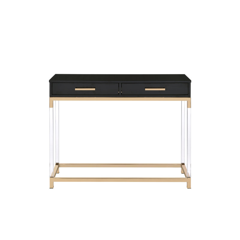 Table de finition noire et dorée avec 2 tiroirs de rangement, base en métal, pieds en acrylique de style rectangulaire pour les tiroirs d'angle de salle de bain en or, base, placard à chaussures en composite