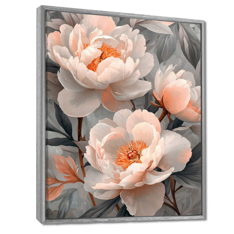 «Pink Sunlit Garden» - pivoines, art mural, H 32 po x l 24 po, Reproduction avec cadre flottant, Argent argent