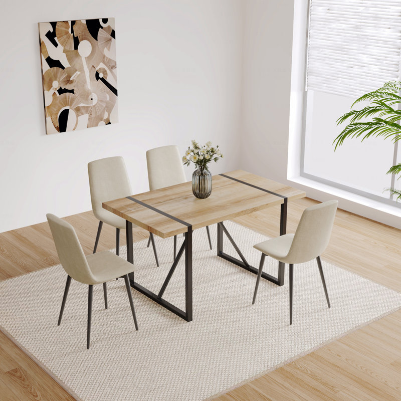 Ensemble de salle à manger 5 pièces Mid Century: table en bois aggloméré de 55 po et 4 chaises en lin, base et pieds en métal