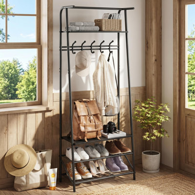 Organisateur de vestibule 4 en 1 avec portemanteau, banc à chaussures et tablette à 3 niveaux, capacité de 350 lb, structure en métal robuste pour le vestibule, noir