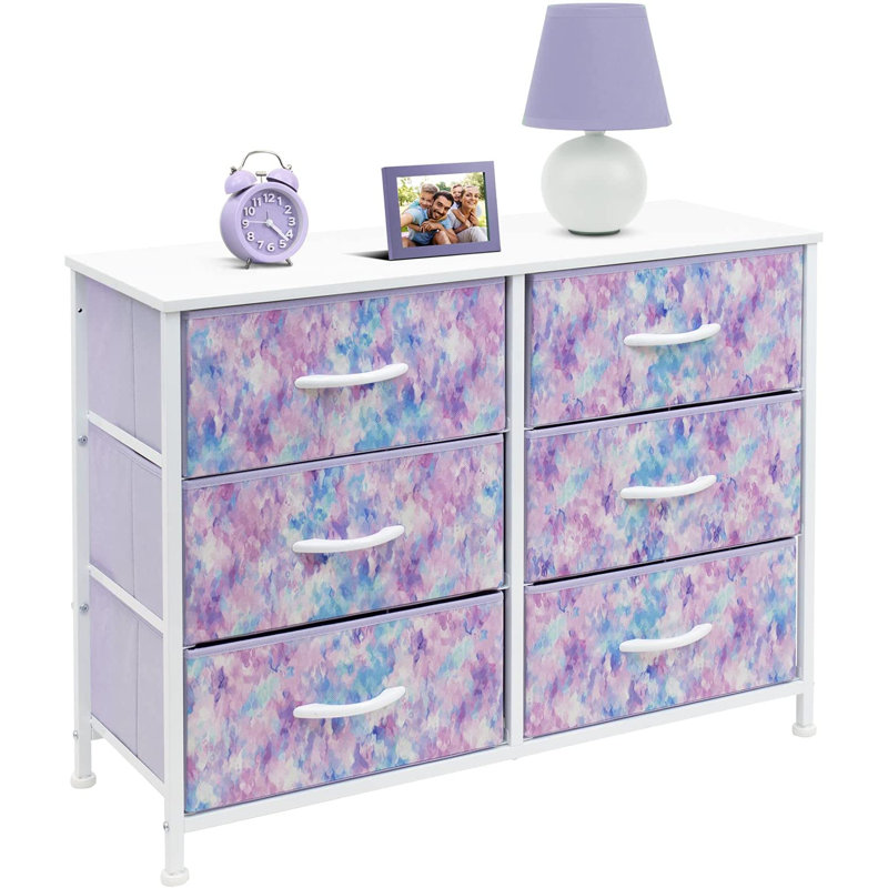 Sorbus 6 Drawers Dresser with Steel Frame, Wood Top, Fabric Bins, Tie-dye Blue/Pink/Purple
