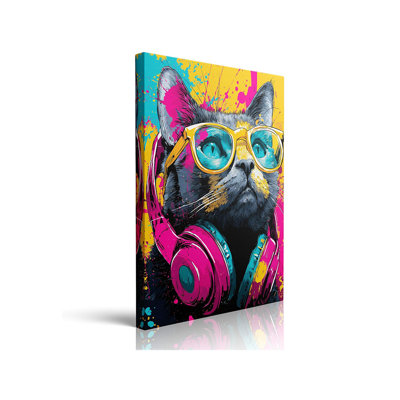 Art mural sur toile Cool, lunettes de soleil - peinture encadrée de style Pop Art, chaton tendance avec lunettes jaunes et casque rose