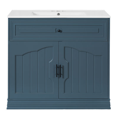 Meuble-lavabo de luxe 36 po avec lavabo en céramique, meuble-lavabo avec 2 grandes portes à fermeture douce et meuble de rangement en bois massif