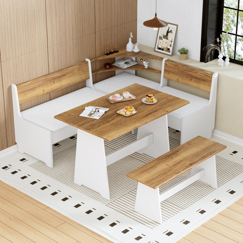Ensemble de coin-repas rembourré pour 5 personnes avec rangement caché, table de salle à manger en bois de style campagnard et bancs rembourrés en forme de L pour la cuisine et les meubles peu encombrants