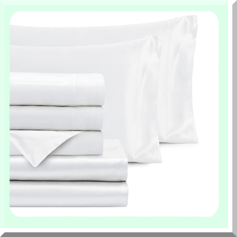 Luxury Silky White Queen Bedding Set - 7pc Sheet Set with Deep Pocket Fitted Sheet, Soft Flat Sheet, 4 Pillowcases, 1 Body Pillowcase - Top Quality Bed Sheets
