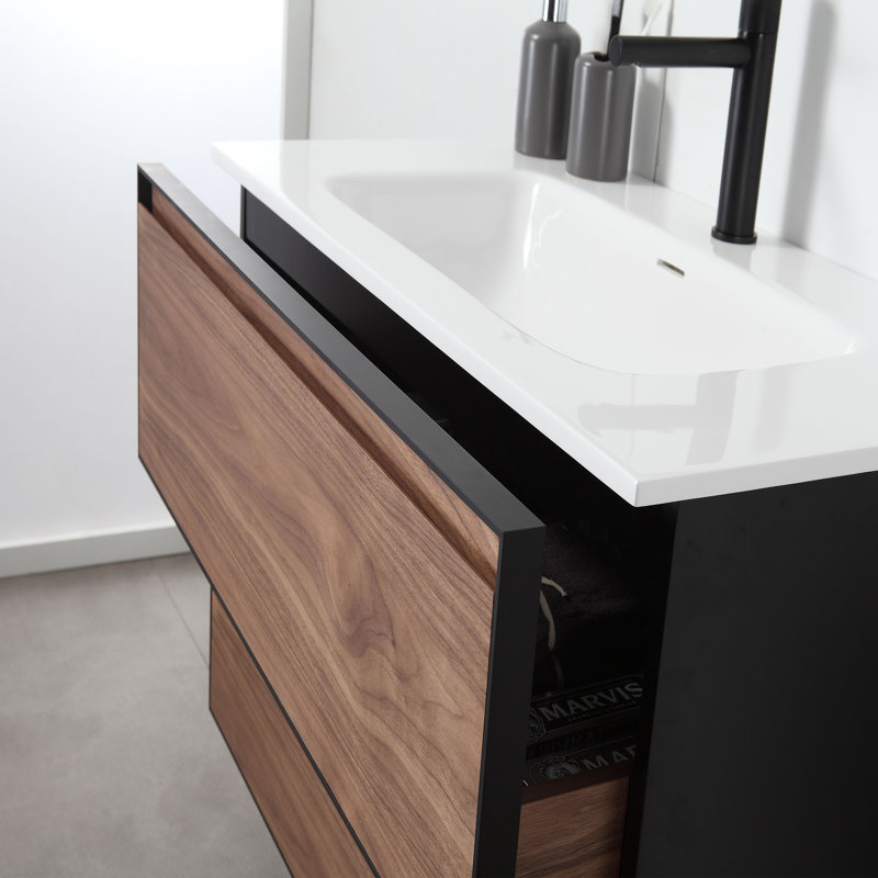 Wilibald 36 po L x 20 po P 2 tiroirs Meuble-lavabo avec évier simple et Comptoir en Surface solide blanc brillante